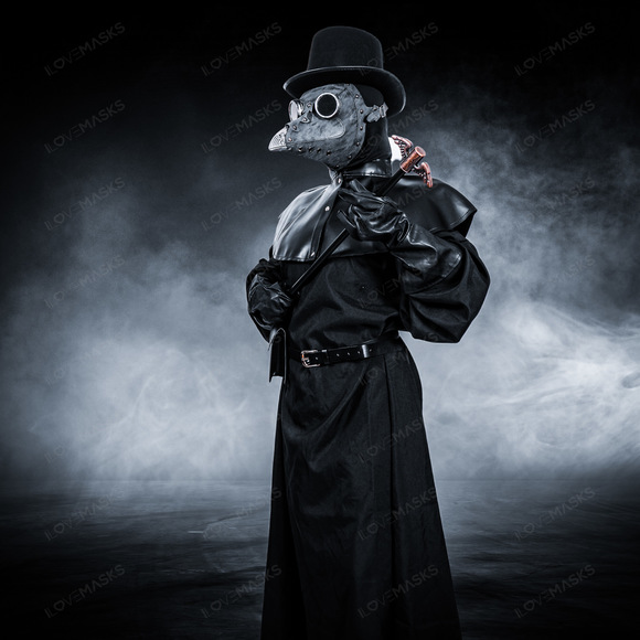 Plague Doctor with Bird Beak Mask & Top Hat Full Costume Set - Grey Silver - Picture 4 of 6